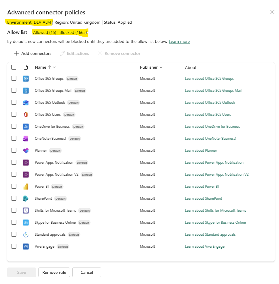An individual environment's advanced connector policy showing the same 15 allowed connectors retained from the group