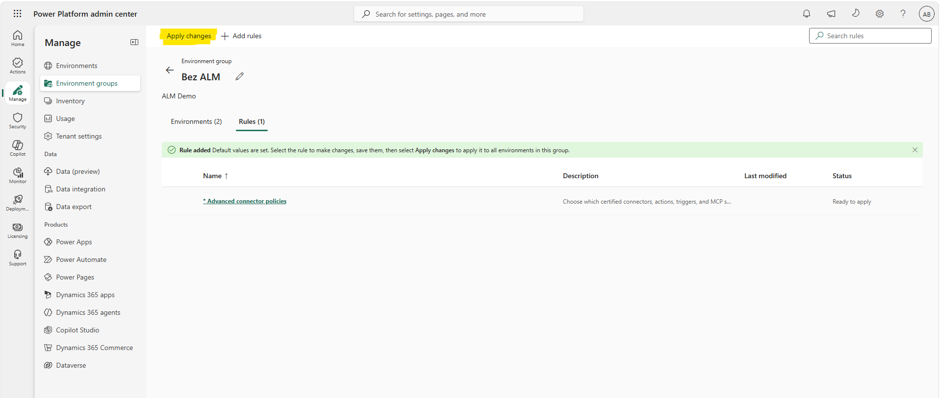 The Apply changes button highlighted on an environment group's rules tab after saving an ACP rule