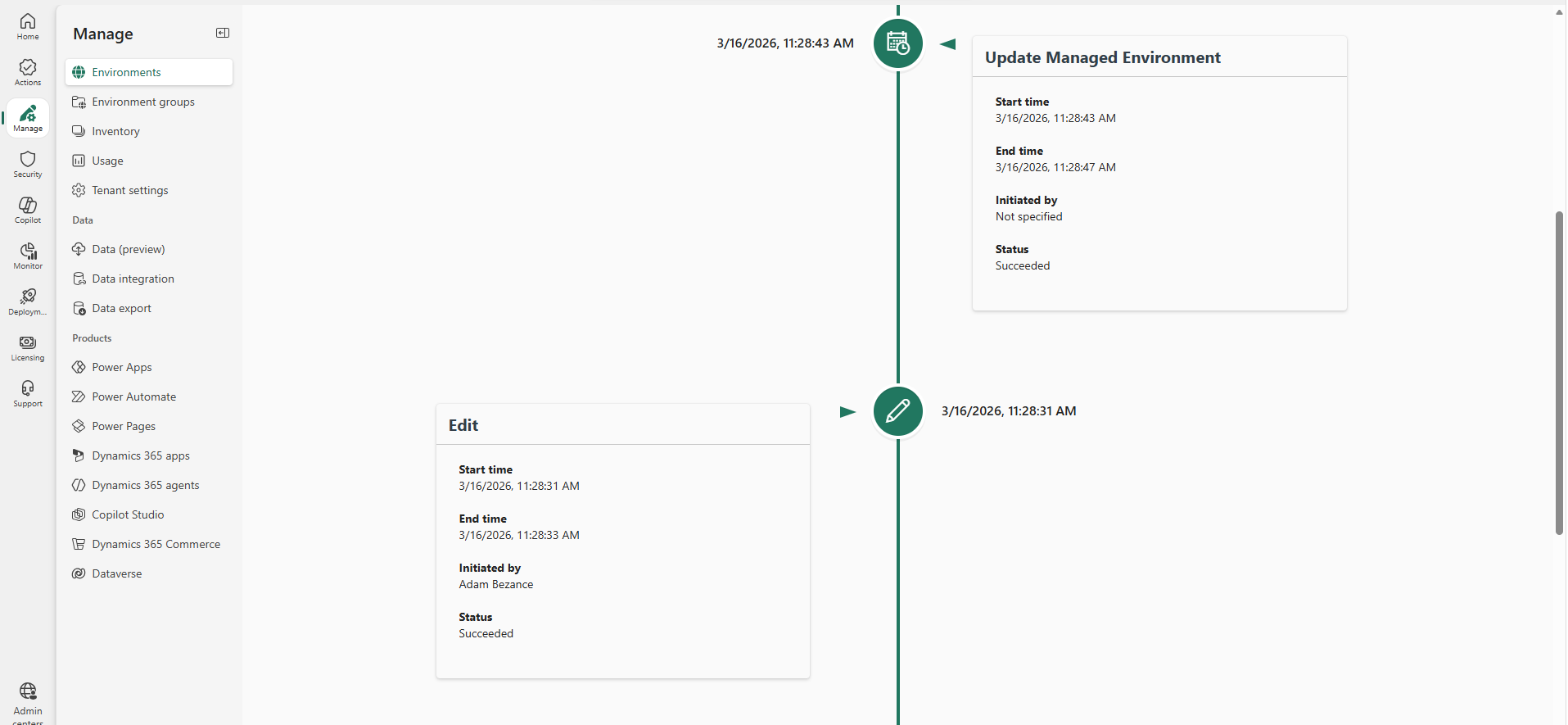 Environment history timeline showing an Edit event followed by an Update Managed Environment operation, both succeeded