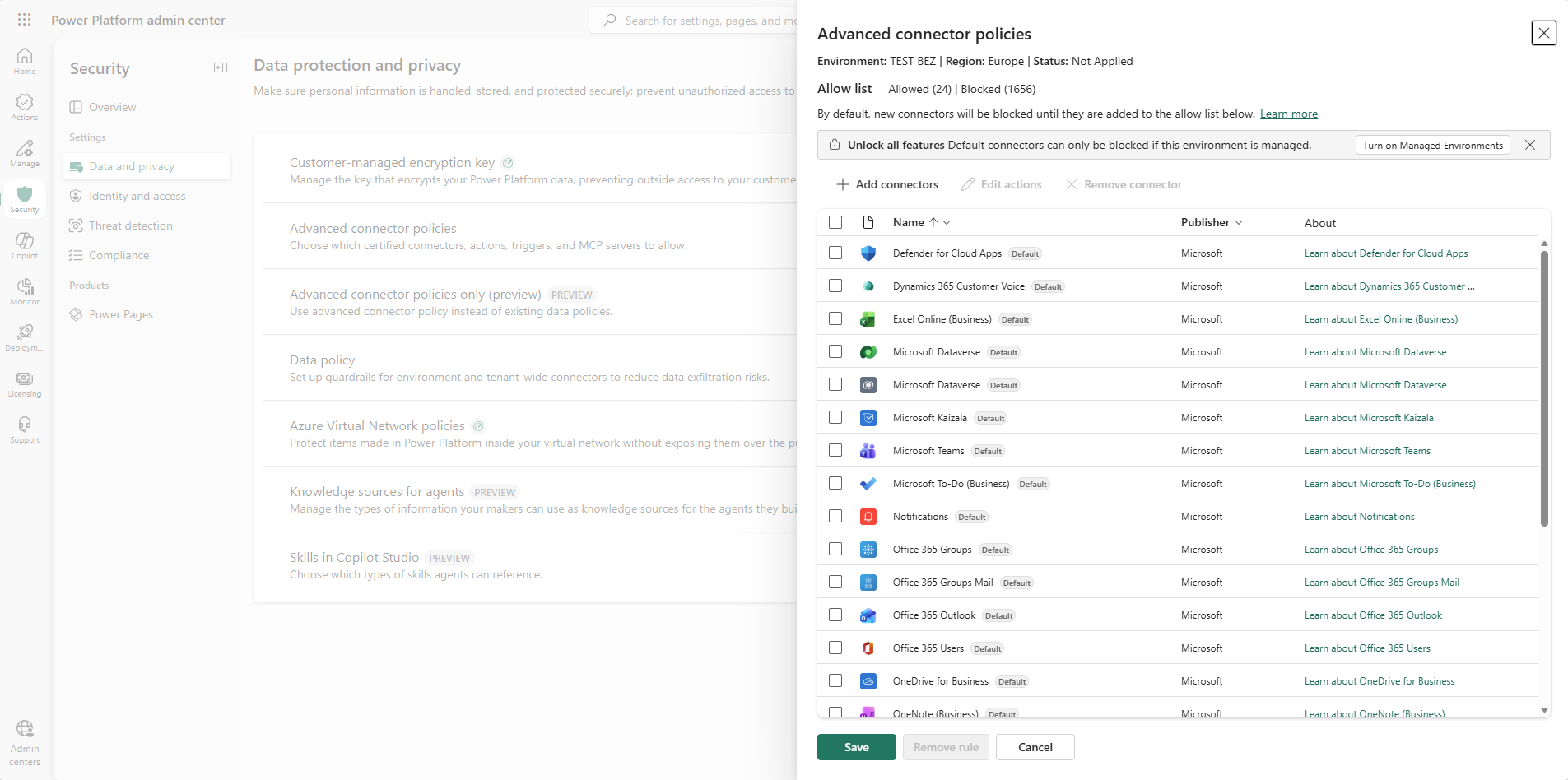 Advanced connector policies panel for a single environment, opened from Security, Data and privacy