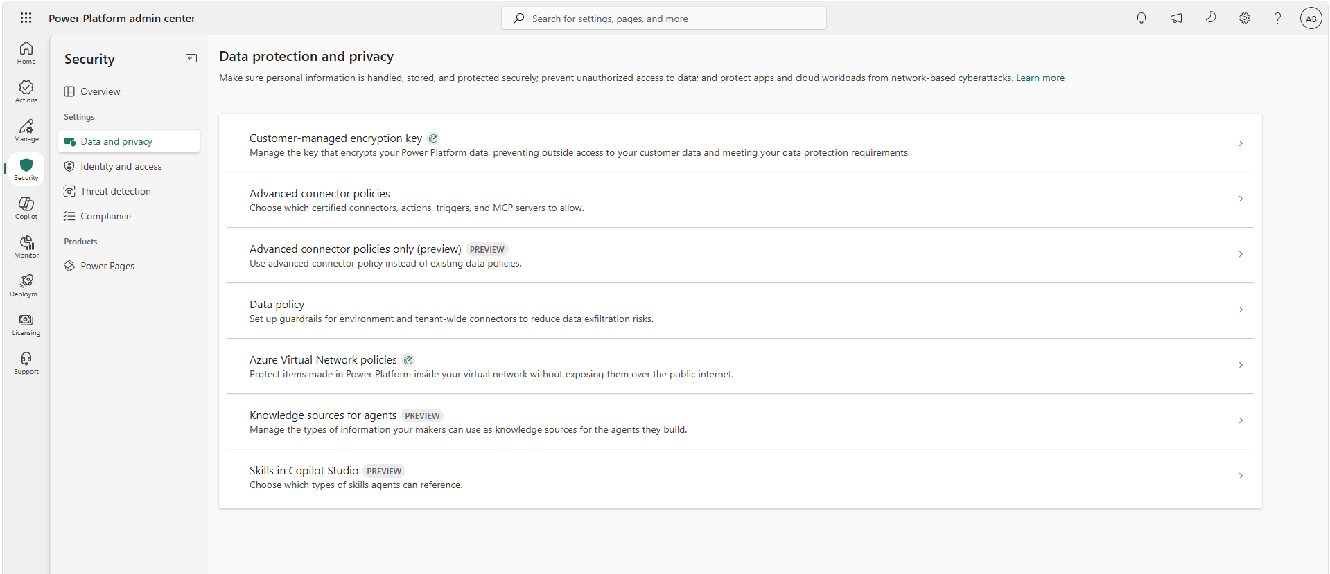 Advanced connector policies in the Power Platform admin centre, under Security, Data and privacy