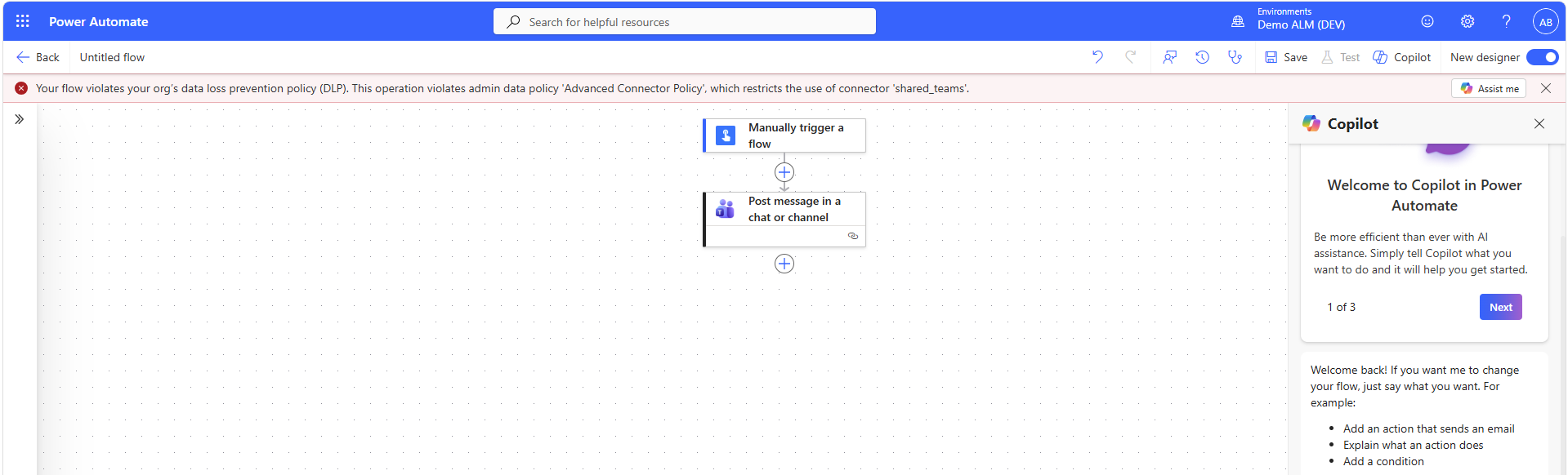 Power Automate designer showing a policy violation error naming the Advanced Connector Policy